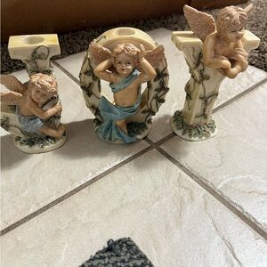 Charming Angel Candle Holder Set with Blue and Cream Accents